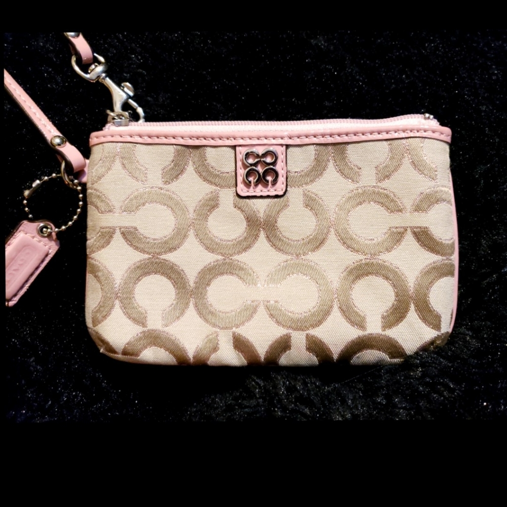 Coach Wristlet pink signature jacquard tan clutch